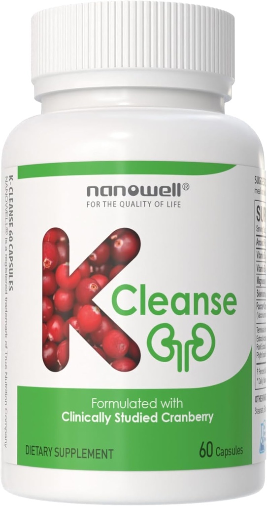 NANOWELL K-Cleanse - renal Curățare Supliment cu Pacran Cranberry Extract, Magneziu, Seleniu, Vitamine B5 & B6-60 Capsule, 30 zile de aprovizionare