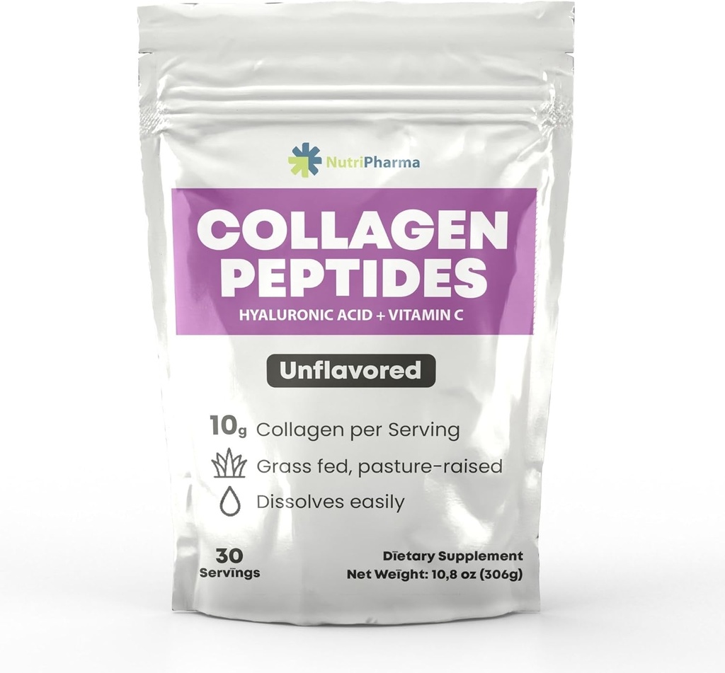 Colagen Peptides pulbere cu acid hialuronic și vitamina C, promovează parul, unghie, piele, oase și sănătatea articulară, Colagen praf de proteine, 30 Serviri, 10,8 oz