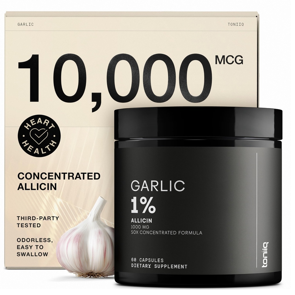 Capsule de usturoi cu 10,000mcg Allicin - Odorless - 50:1 Extract pentru potenta maxima - Lab de terta parte testat - 60 Capsule vegetariene