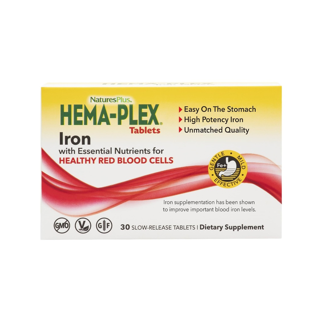 NaturasPlus Hema-Plex Iron - 30 comprimate cu eliberare lentă - 85 mg Fier Chelat - Sănătatea totală a sângelui - cu vitamina C & Bioflavonoide - non OMG, vegetariană & Gluten gratuit - 30 Serviri