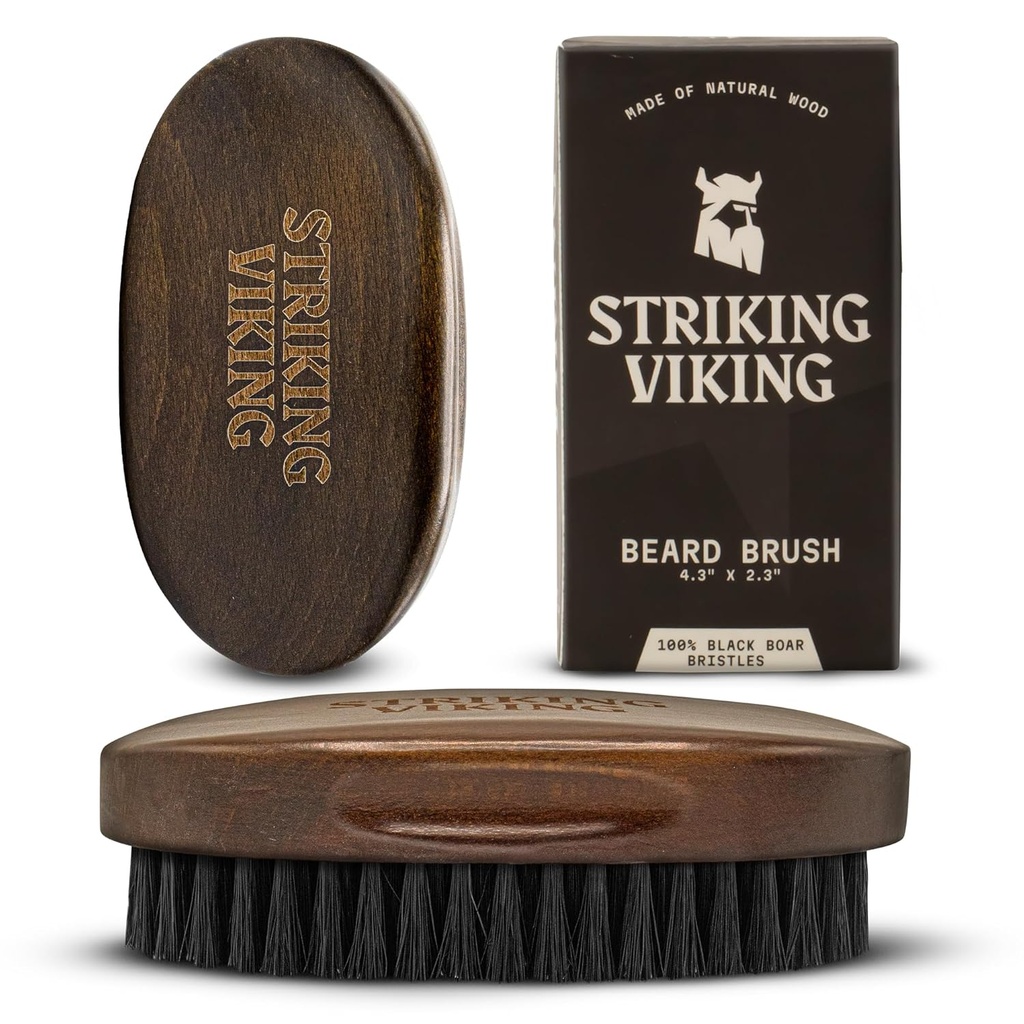 Perie de barbă vikingă striking pentru bărbați - 4.3-inch mâner de lemn de fag, maro - Bor Bristle Barbă Brush, Dimensiune călătorie Detangler & reductor static