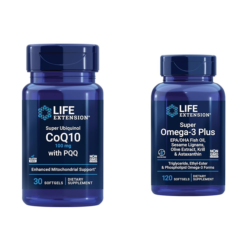Extensie de viață Super Ubichinol CoQ10 cu PQQ, CoQ10, PQQ & Super Omega-3 Plus EPA/DHA ulei de pește, Sesame Lignans
