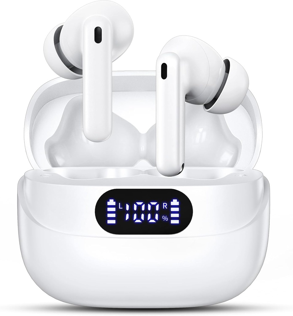 Căști fără fir, 42H Playtime Bluetooth 5.3 Căști, HiFi Stereo Call Zgomot Anularea căștilor, IPX7 Stereo impermeabile în-Ear Căști cu LED-uri pentru iOS Android (White)