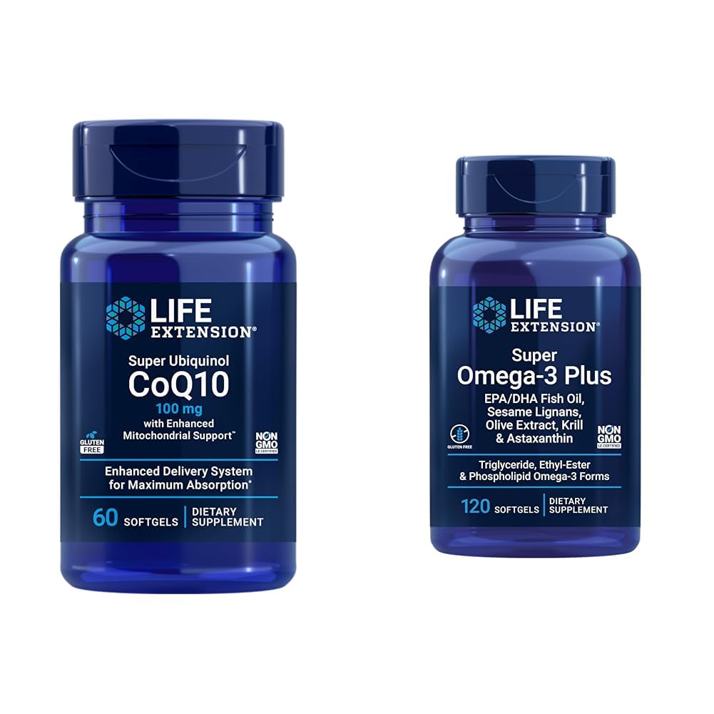 Extensie de viață Super Ubichinol CoQ10 cu suport mitocondrial îmbunătățit & Super Omega-3 Plus EPA/DHA ulei de pește, Sesame Lignans, extract de măsline, Krill & Asta