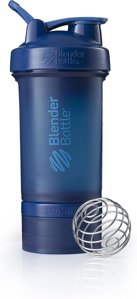 BlenderBottle Shaker Bottle with Pill Organizer and Storage for Protein Powder ProStak System, 22-Ounce, Navy