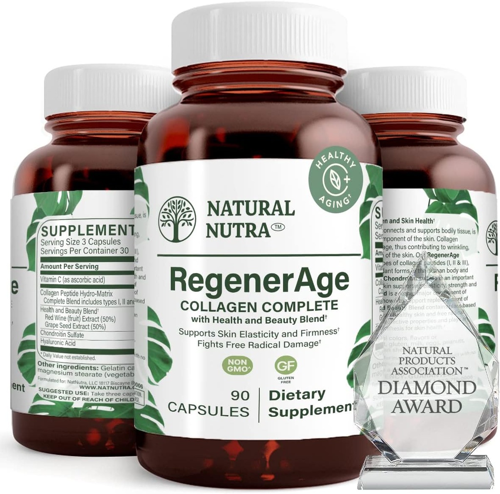 Natural Nutra RegenerAge Supliment complet pentru sanatatea pielii cu proteine Peptide, Reduce marcile de stretch, Contribuie la sanatatea generala, vitamina C, extract de vin rosu seminte de struguri, gluten gratuit, 90 capsule.