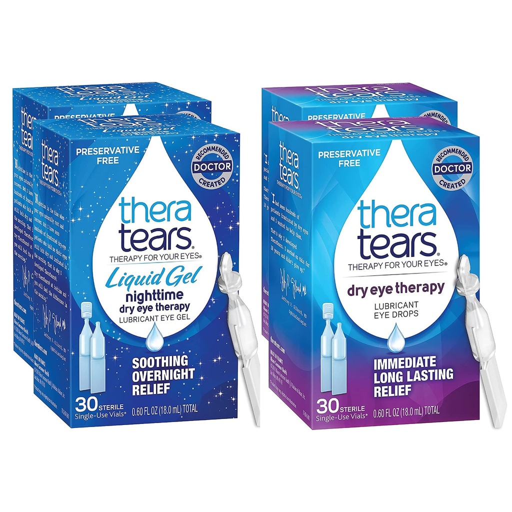 TheraTears Nighttime Therapyrops Lubricant pentru ochi uscaţi, Conservative Free, Single-Use Flacoane, Clear, 60 Count, 0.6 Fl Oz cu TheraTears ochi picături pentru ochi uscati, 60 Conte-Use flacoane