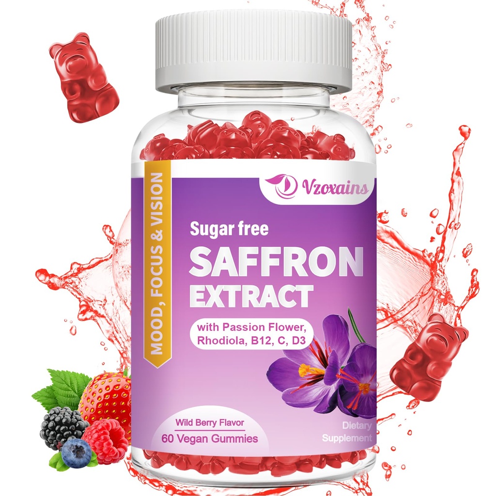 Saffron Gummies, 10 in 1 Saffron Suplimente Gummie cu magneziu, Ashwagandha & Rhodiola Rosea, Sugar Free Vegan mixt aroma Berry - 60Cts