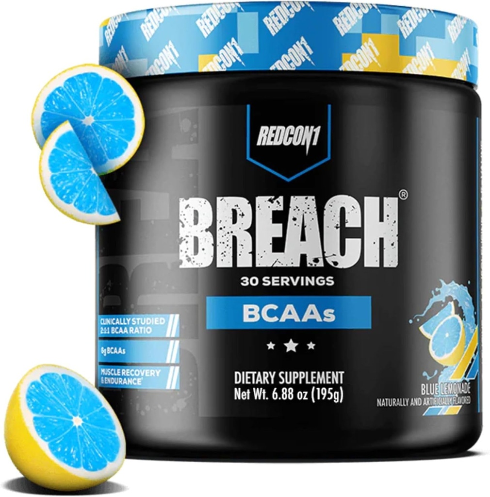 REDCON1 BCAAs Breach, Blue Lemonade - Keto Friendly + Sugar Free Essential Amino Acids for Recovery - Conține BCAAs L-Leucine, L-izoleucin & L-Valine (30 Servings)