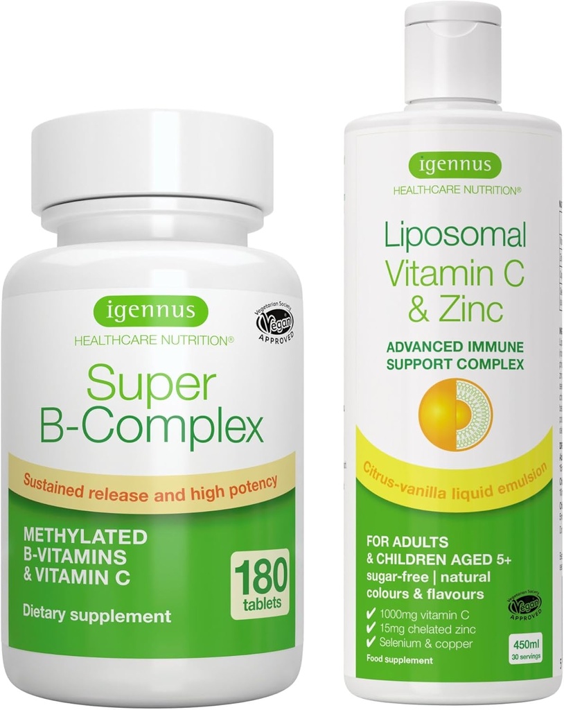 Super B-Complex + Vitamina lipozomal C 1000mg & Zinc Vegan Bundle, Complex B de suport imunitar metilat cu eliberare sustinuta si absorbtie mare, de Igennus