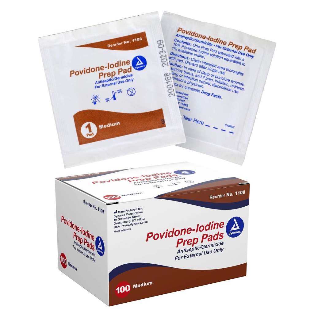 Dynarex Povideo-Iodine Prep Pads, saturat cu Povidonă Iod 10%, Medical-Grad Antiseptice Şerveţele utilizate pentru pregătirea procedurilor anterioare minore, Mediu, 1 Caz de 100 Prep Pads