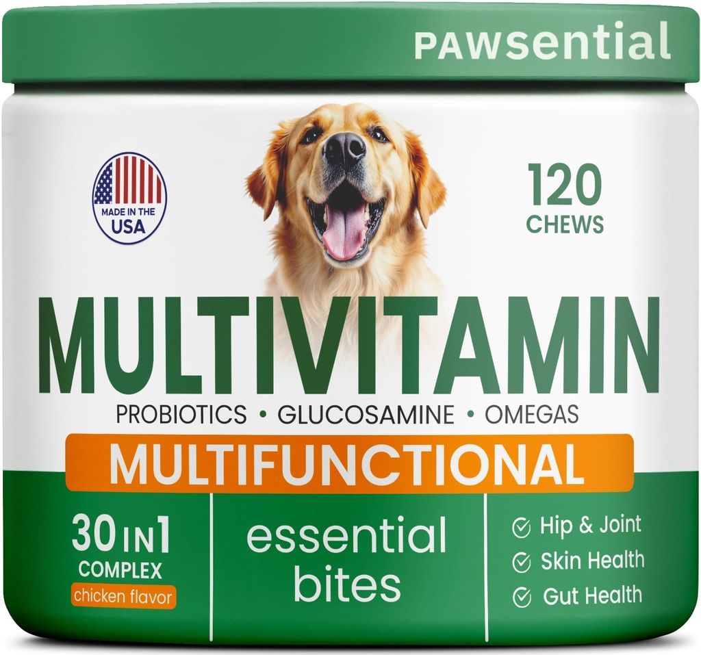 Vitamine de câine + Glucosamină - Multivitamine masticabile + Probiotice, Omega - Hip & Suport comun, Skin & Coat, Sănătatea gutei - Adult & Senior - Rasă mare și mică - 120 Chews