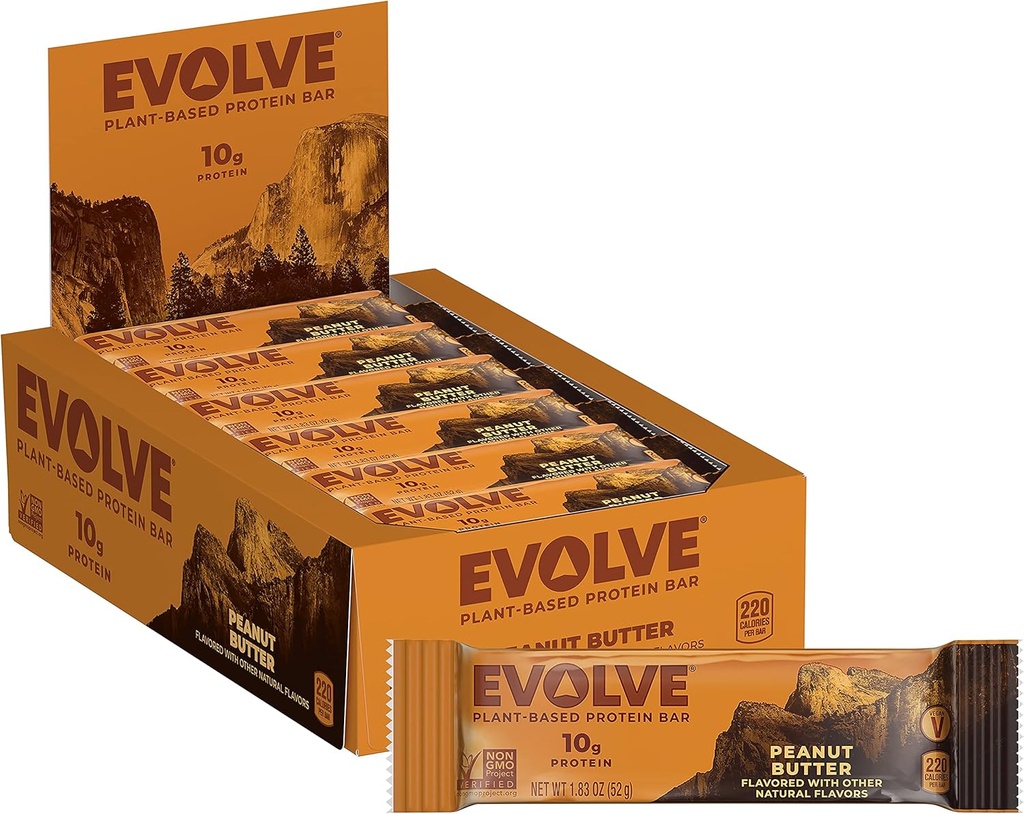 Evolve Plant Based Proteine Bar, Unt de arahide, Dairy Gratuit, Fără arome artificiale, Non-GMO, Ambalaje May Vary, 10 g,12 Count (Pachet de 1)
