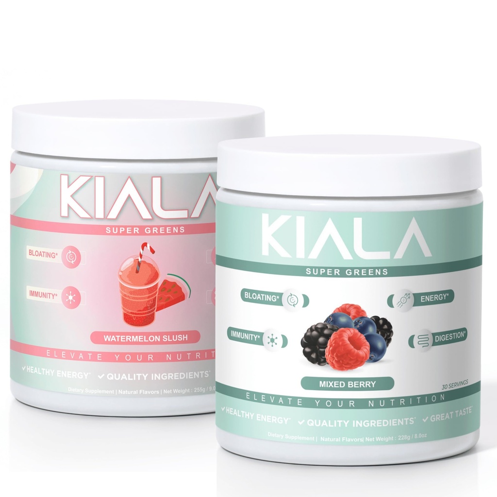 Kiala Nutrition Super Greens, Greens Organic Powder, Spirulina & Chlorella Superfood Powder, Sugar & Gluten Free Vegan, Spectra Blend, Pepene verde & mixt Berry 2 Pack