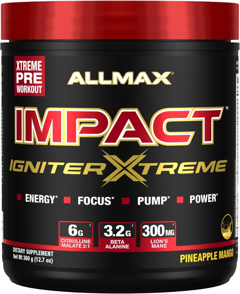ALLMAX Nutriție - Impact Igniter Extreme Pre Workout Pulbere - cu Citrulină Malate, Beta - Alanina, Cafeina, Taurina, și Betaina anhidră (Pineapple Mango)