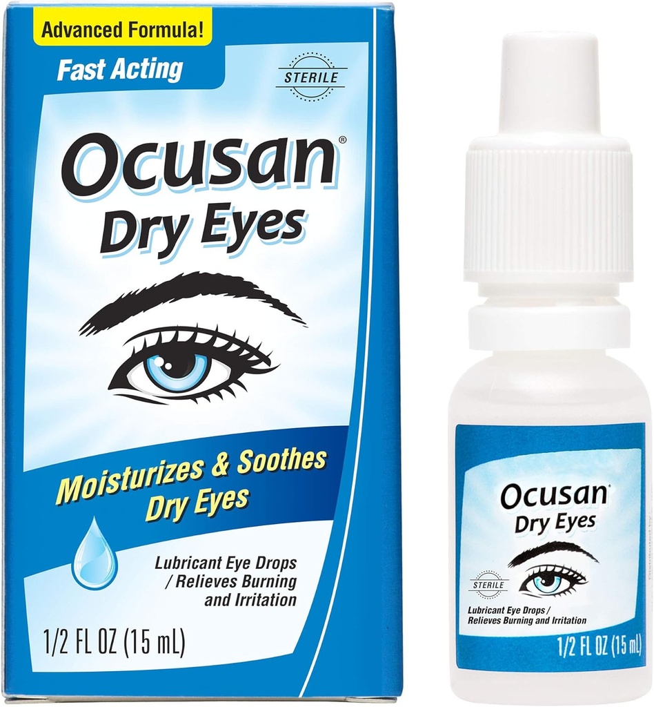 Picături oftalmice Ocusan pentru ochi uscaţi - Lacrimi artificiale lubrifiante pentru a uşura ochii uscaţi, cu 2 hidratante 0.5 FL OZ