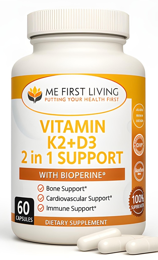 Me First Living Vitamina D3 K2 Supliment Bone and Heart Health Non-GMO Formula 125 MCG Vitamina D3 & 100 MCG Vitamina K2 MK-7 Ușor de înghițit Vitamina D & K Complex cu calciu