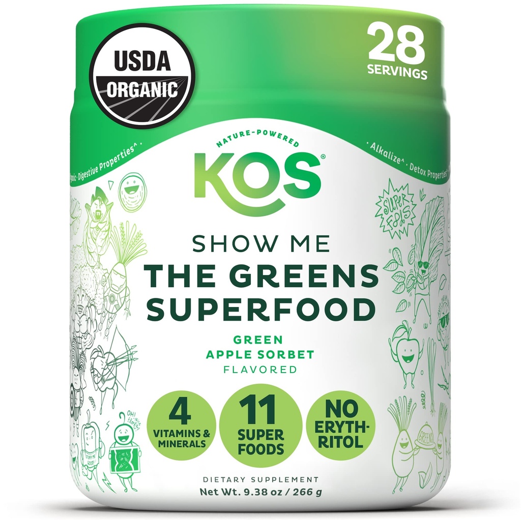 KOS Organic Super Greens Powder Erythritol Free - Pe bază de plante Superfood Amestec cu Spirulina, Chlorella & Wheatgrass - USDA Certified Organic, Green Juice Smoothie - Apple Flavor - 28 Servings
