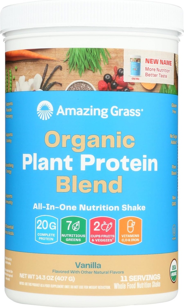 Amazing Grass Organic Plant Proteine Blend: Pudra de proteine din Vegan, New Proteine Superfood Formula, All-In-One Nutriție Shake cu rădăcină de sfeclă, Vanilie pură, 11 Serviri