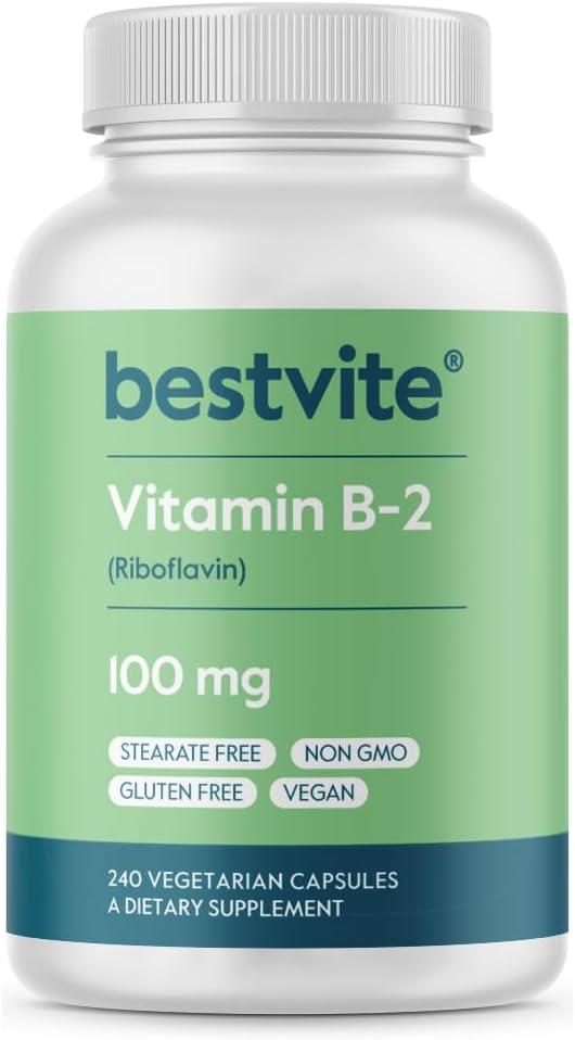 BESTVITE Vitamina B-2 100 mg (240 Capsule vegetariene) - Fără Stearet - Fără fosfat dicalcic - Vegan - Non OMG - Gluten Free