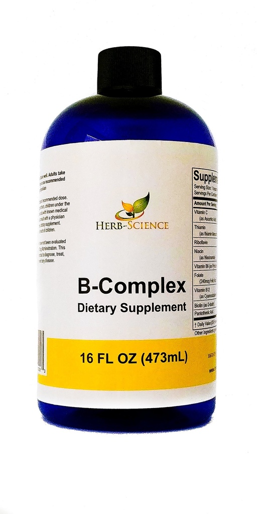 Vitamina B-complex,Super B Vitamine cu vitamina C lichid, 16 oz - Toate vitaminele B inclusiv B1, B2, B3, B5, B6, B7, B9, B12, Acid folic, Niacin, Biotin, Alcool-Free - Herb-Science