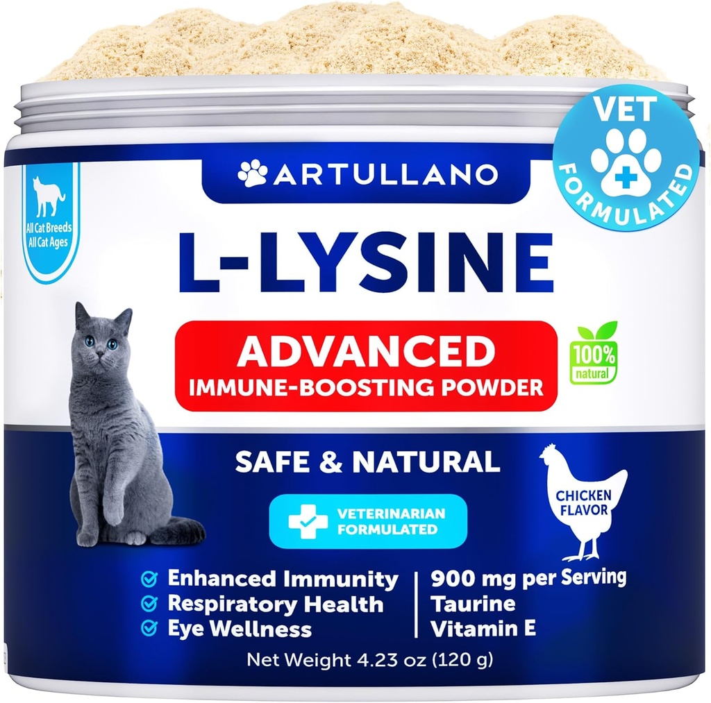 L-Lysine pentru pisici - Lysine Powder Supliment - 900mg/serving - Suport imun pentru pisici și pisici - Strănut, Runny Nose, Privind, Watery Eyes, rece, Funcția ochilor, Sănătate respiratorie - cu taurină