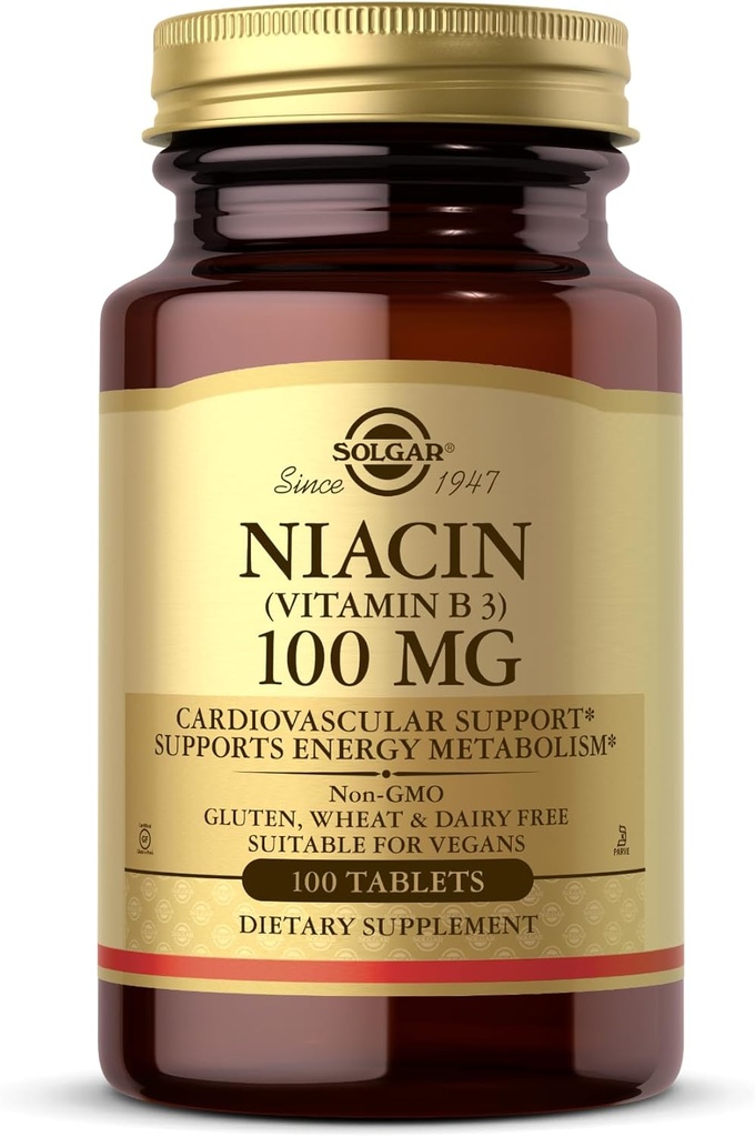 Solgar Niacin (Vitamina B3) 100 mg - 100 comprimate - Susţine metabolismul energetic - non-GMO, Vegan, Gluten Free, Dairy Free, Kosher - 100 Servings