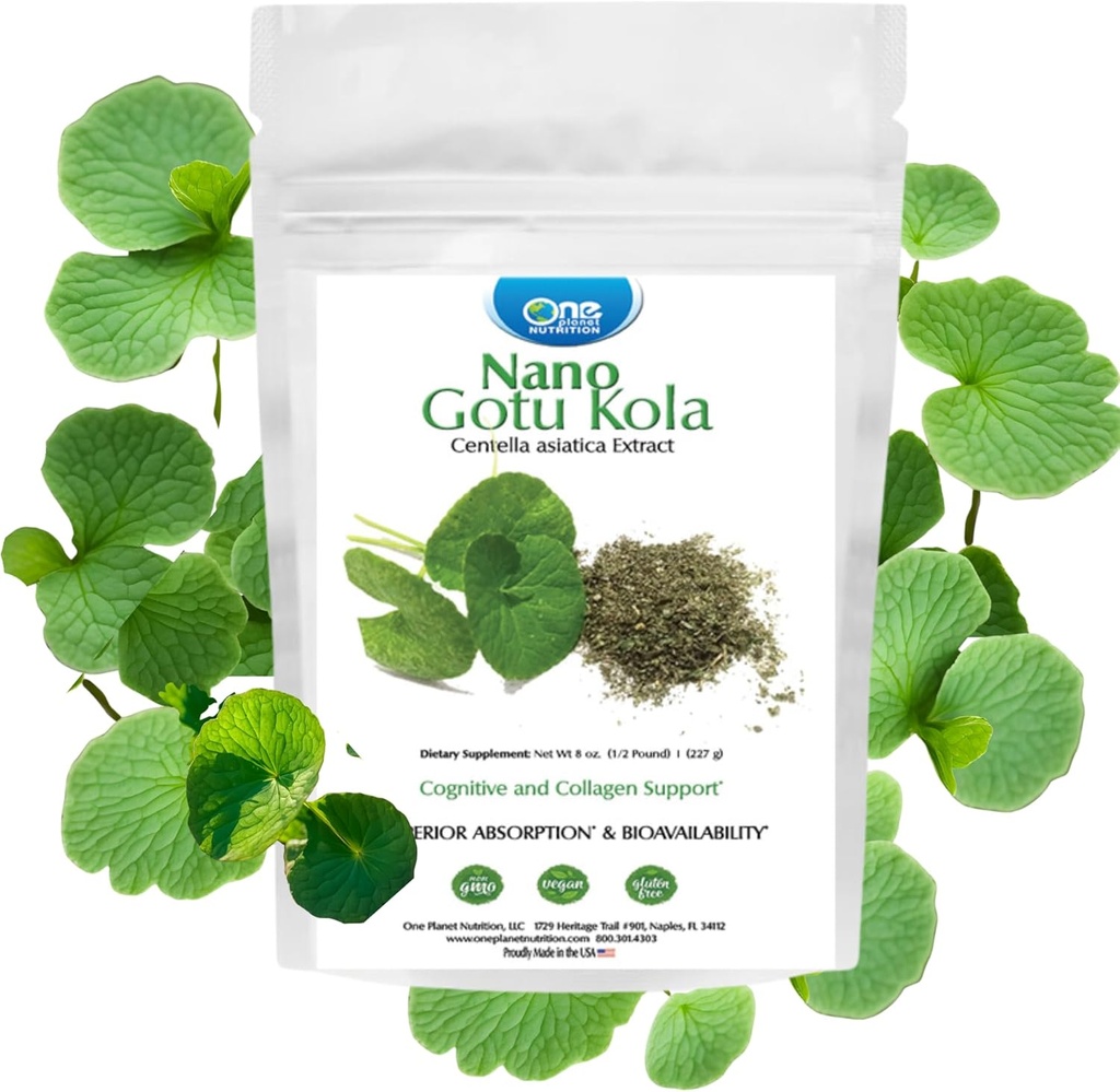 O Planeta Nutritie Nano Gotu Kola Pulbere 8 oz (227 Serviri), Gotu Kola Extract, Nano pentru Îmbunătățirea Absorbției, Îmbunătățește funcția cerebrală & Colagen Sinteza, Non-GMO, Vegan, Gluten-Free