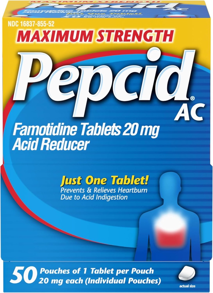 Pepcid AC Concentraţia maximă de reducere a arsurilor în capul pieptului comprimate, medicament OTC Preveneşte arsurile şi refluxul de acid datorită indigestiei acide, 20 mg Reductor de acid famotidină, Acţionare rapidă, 1 x 50 ct