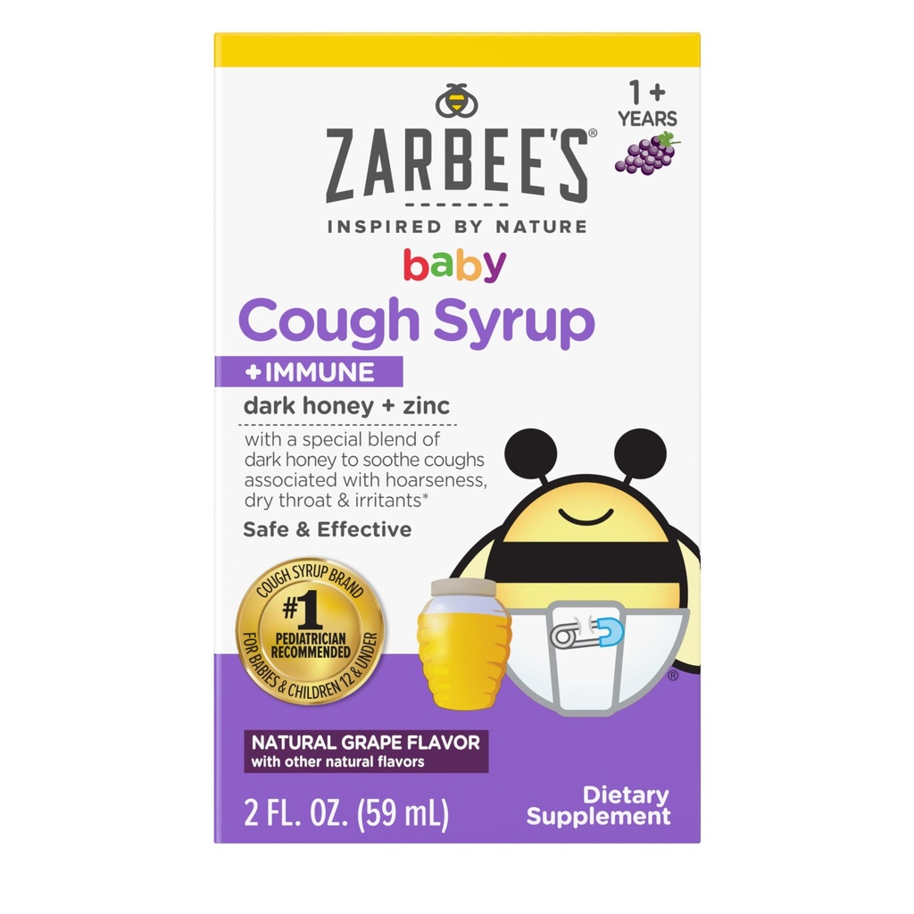 Zarbee's Baby Honey Tuse Sirop + Imun pentru Bebelusi 12-24 luni, Sirop de tuse sigura si eficienta cu miere inchisa si zinc pentru suport imun*, Drug & Alcohol-Free, Grape, 2 fl. Oz