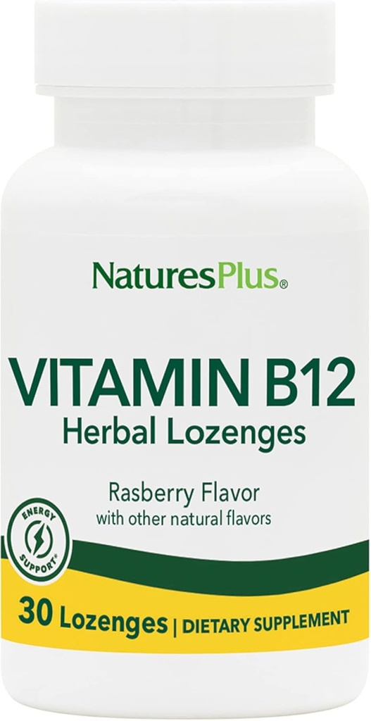 Naturas Plus B12 Herbal Lozenges (Metilcobalamină) - 1000 mcg, 30 Lozene sublinguale - zmeură - suport maxim de absorbție a celulelor roșii din sânge - Booster energetic - vegetarian, gluten-free - 30 Servings