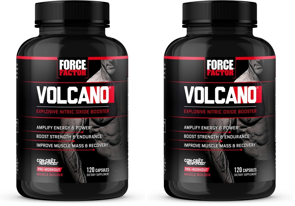 Force Factor Vulcano Pre Antrenament Nitric Oxid Booster Supliment pentru barbati cu Creatina si L-Citrulină la Boost si Energie, Ajuta la construirea musculare, pompa mai buna si antrenament, 120 capsule (Pachet de 2)