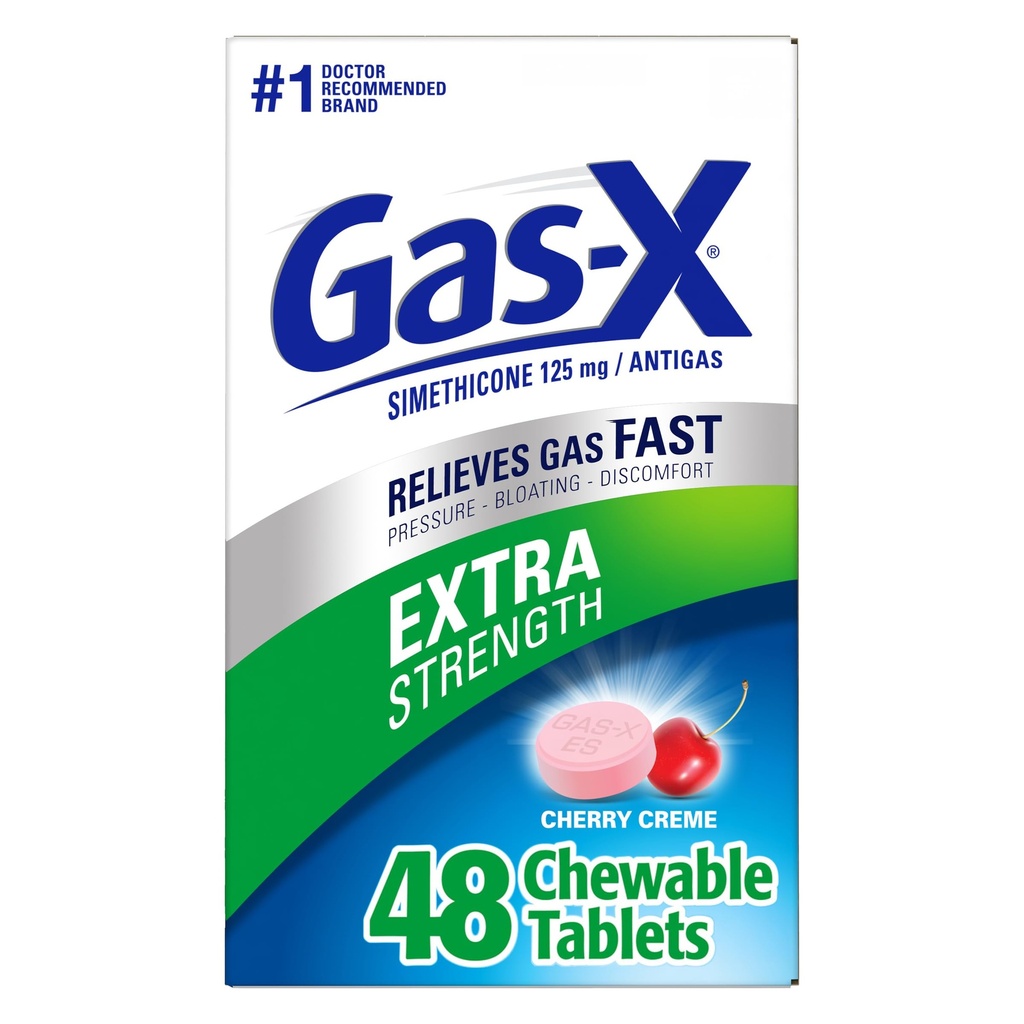 Comprimatele de gaz-X extra-rezistență masticabile de eliberare a gazelor cu Simethicone 125 mg, Cherry - 48 Numărătoare