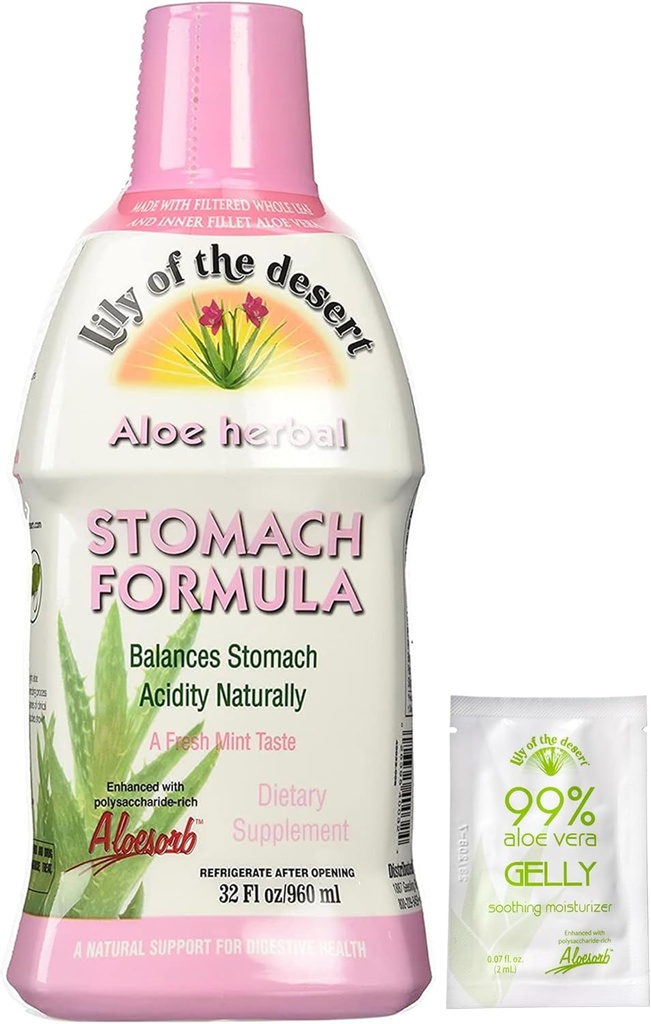 Lily of the Desert Stomac Formula, Organic Aloe Vera Juice with Slippery Elm, Chamomile, Peppermint, and Ginger for Gut Health, Acid Reflux, Heartburn Relief, 32 Oz, Gelly Sachet Inclus.