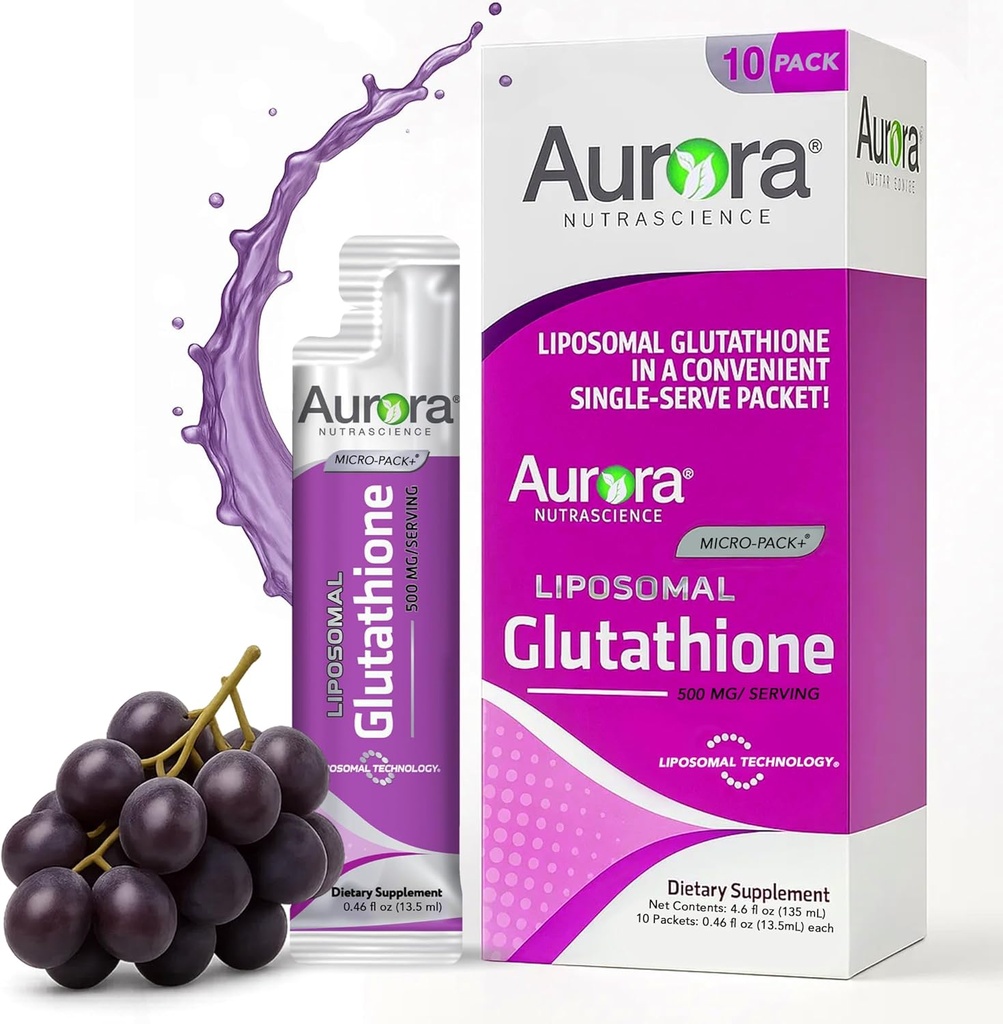 Aurora Nutrascience Micro-Liposomal Liquid Glutatione, Immune & Antioxidant Gut Supplement de suport pentru sănătate, 500 mg per Serving, Gluten Free, Non-GMO, Sugar-Free, 10 Pachete pentru un singur serviciu
