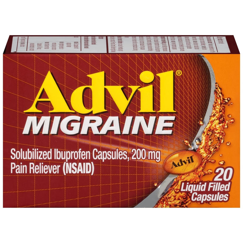 Advil Migrene Relief de cap, Ibuprofen Capsule cu Ibuprofen 200 mg pentru Migrene Relief, Greaţă Relief şi Lumina Sensibilitate Relief - 20 capsule umplute cu lichid