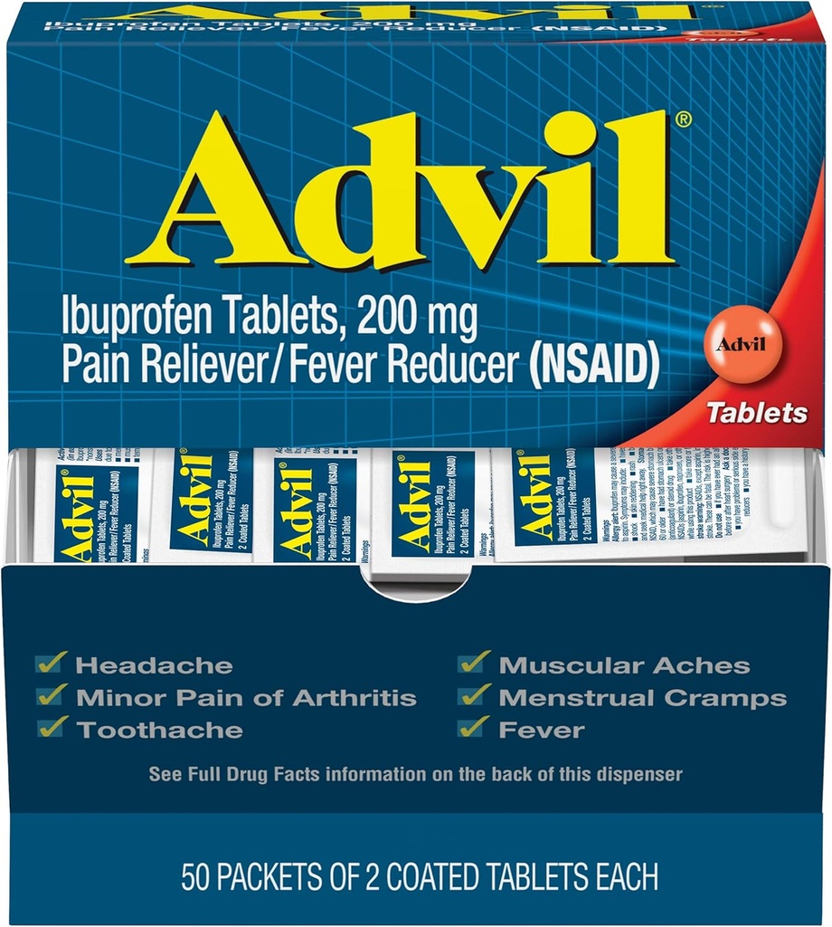 Advil Ibuprofen, 200 mg, 50 Pachete de 2 comprimate filmate (Pachet de 5)