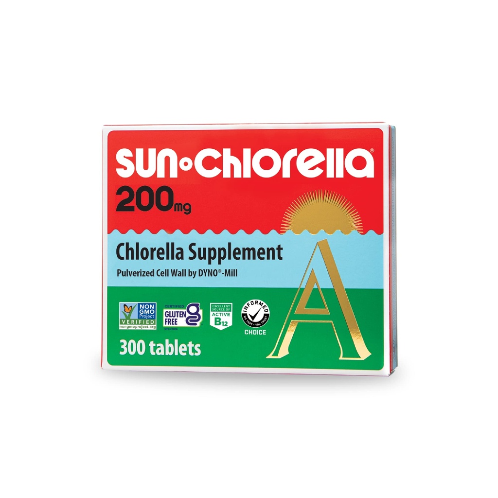 Sun Chlorella 200 mg Green Algae Superfood Supliment - Pulverized Cell Wall - Clorofill, CGF, Active B12, Fier, Proteine - Non-GMO - 300 Comprimate