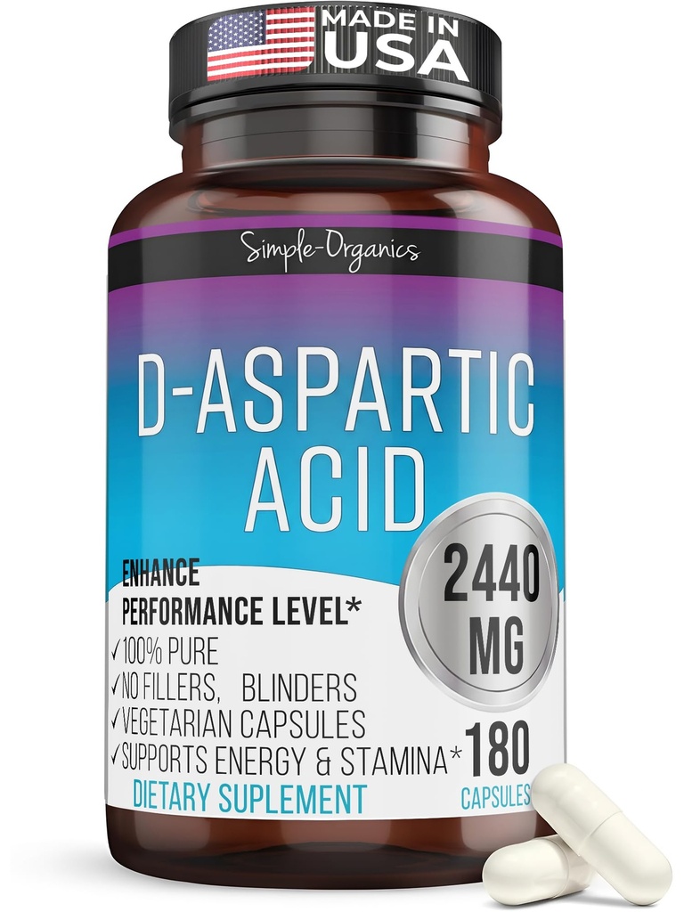 Kaibro Nutra D-Aspartic Acid Supliment pentru bărbaţi, 2440 mg Acid D-Aspartic per Serving, Energy & Testosteron Support, Gluten-Free non-GMO, 180 capsule Vegan