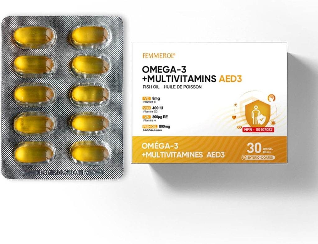 Multivitamine cu Omega-3, Multivitamine pentru femei și bărbați, ulei de pește acoperit enteric DHA/EPA cu vitamina A, vitamina E și vitamina D3 pentru suport pentru funcții imune (1 Box 30 Softgels)