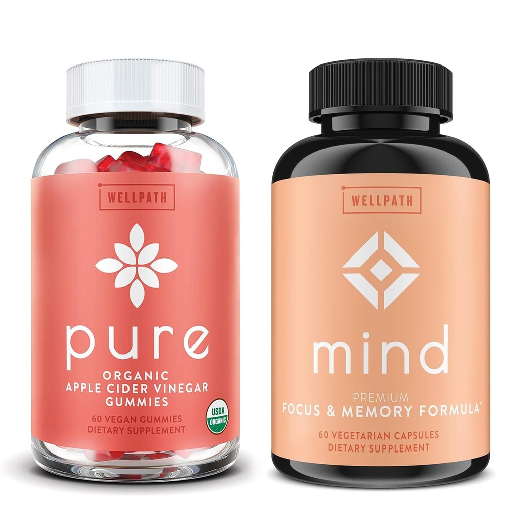 WellPath Pure Apple Cidru Oţet cu Mama Gumiţe şi Minte Creier Supliment cu Lion Coama - Suporturi Focus & Memorie, 60 Ct Fiecare