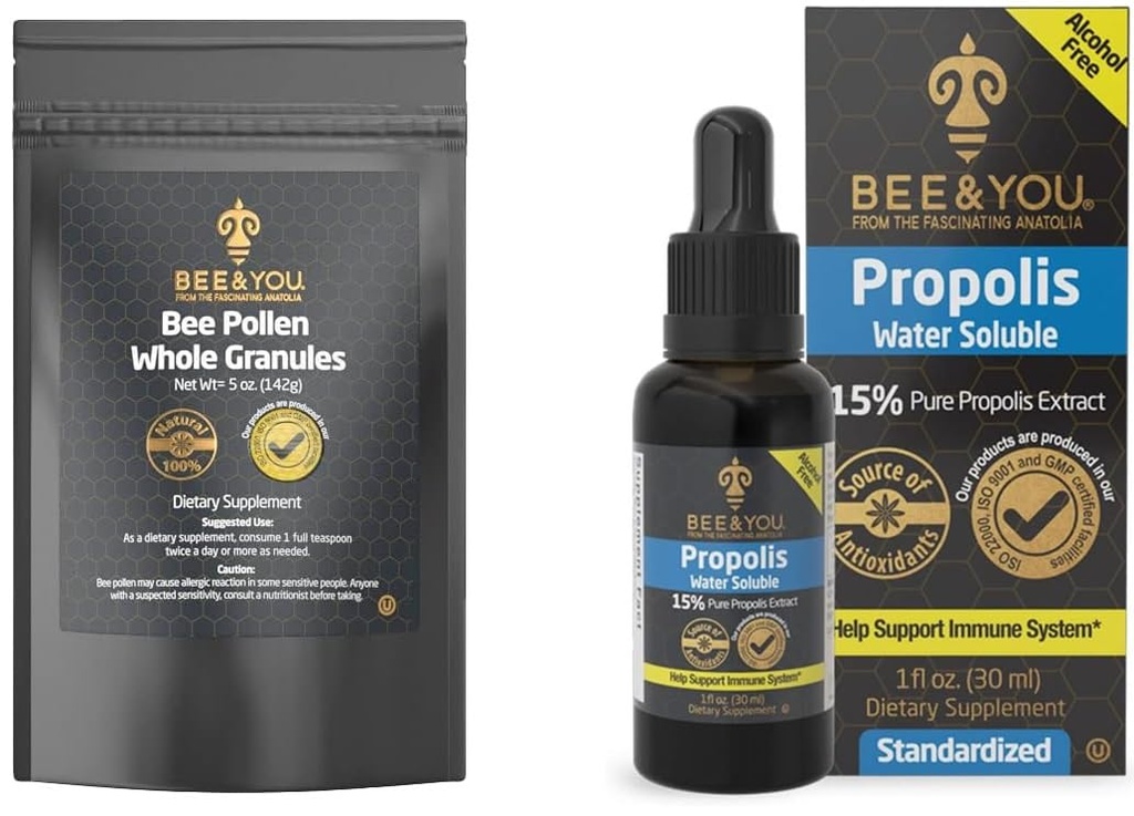 Bee and You Bundle, Bee Pollen Granule, 5oz Bag, cu 100% natural Propolis Extract picături, Ultra Pure, Immune Supplement, Superfood, Antipxidants, Vitamine,