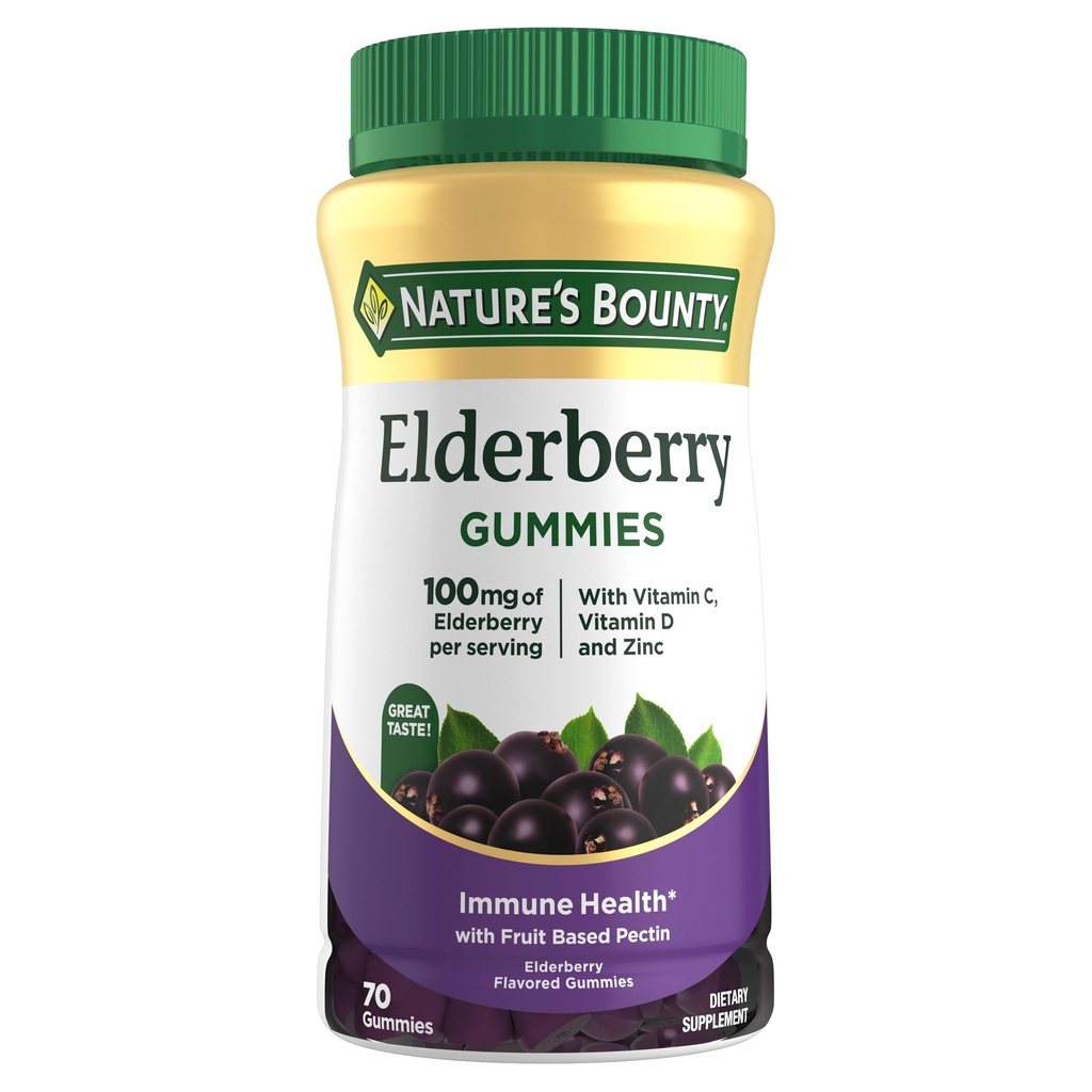 Nature's Bounty Elderberry Gummies, Dietary Supplement, Supports Immune Health, Conține vitamina A, C, D, E și Zinc, 100 mg, 70 Gummies
