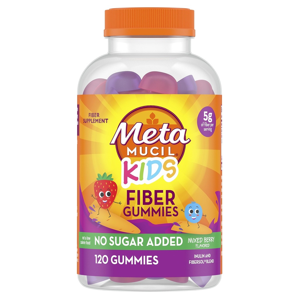 Metamucil Kids Fiber Gummies, fără zahăr adăugat, 5g Prebiotic plante-Based Fiber Supliment Blend, mixt Berry Aroma, 120ct Gummies