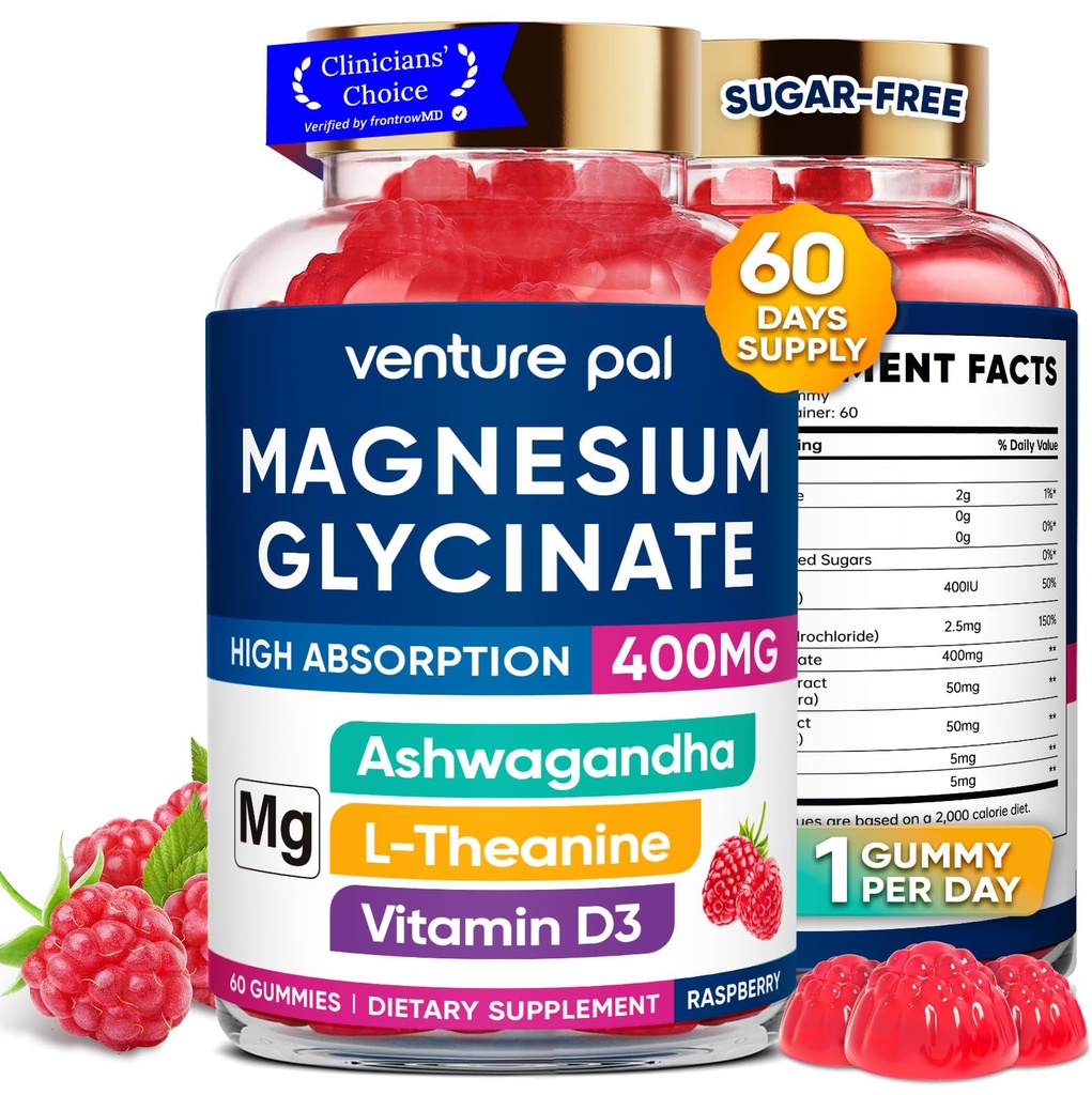 60 zi de aprovizionare Magneziu Glicinat 400mg Gume cu Ashwagandha, L-Teanină, CoQ10, Vitamina D3 & B6, Gume de magneziu gratuite de zahăr pentru adulți și copii, ajutor de stres, somn & calm, Vegan, gluten gratuit