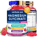60 zi de aprovizionare Magneziu Glicinat 400mg Gume cu Ashwagandha, L-Teanină, CoQ10, Vitamina D3 & B6, Gume de magneziu gratuite de zahăr pentru adulți și copii, ajutor de stres, somn & calm, Vegan, gluten gratuit