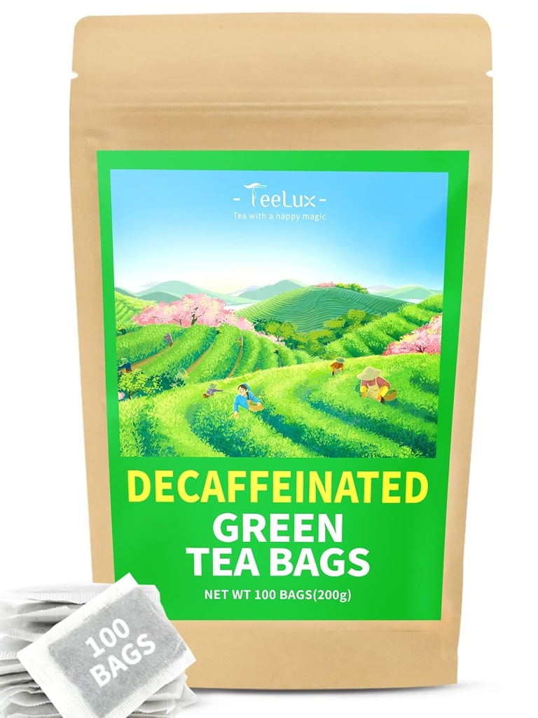 TeeLux decafeinizată Saci de ceai verde, Ceai verde pur decafeinizat, Super Antioxidant, 100 Count Saci de ceai pentru ceai fierbinte & Iced