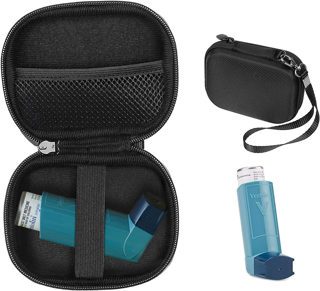 CaseSack Astma Inhaler Holder caz, Compact și Study caz pentru Inhalator Handy pentru adulți și copii, cu camere pentru pastile și alte elemente esențiale (negru)