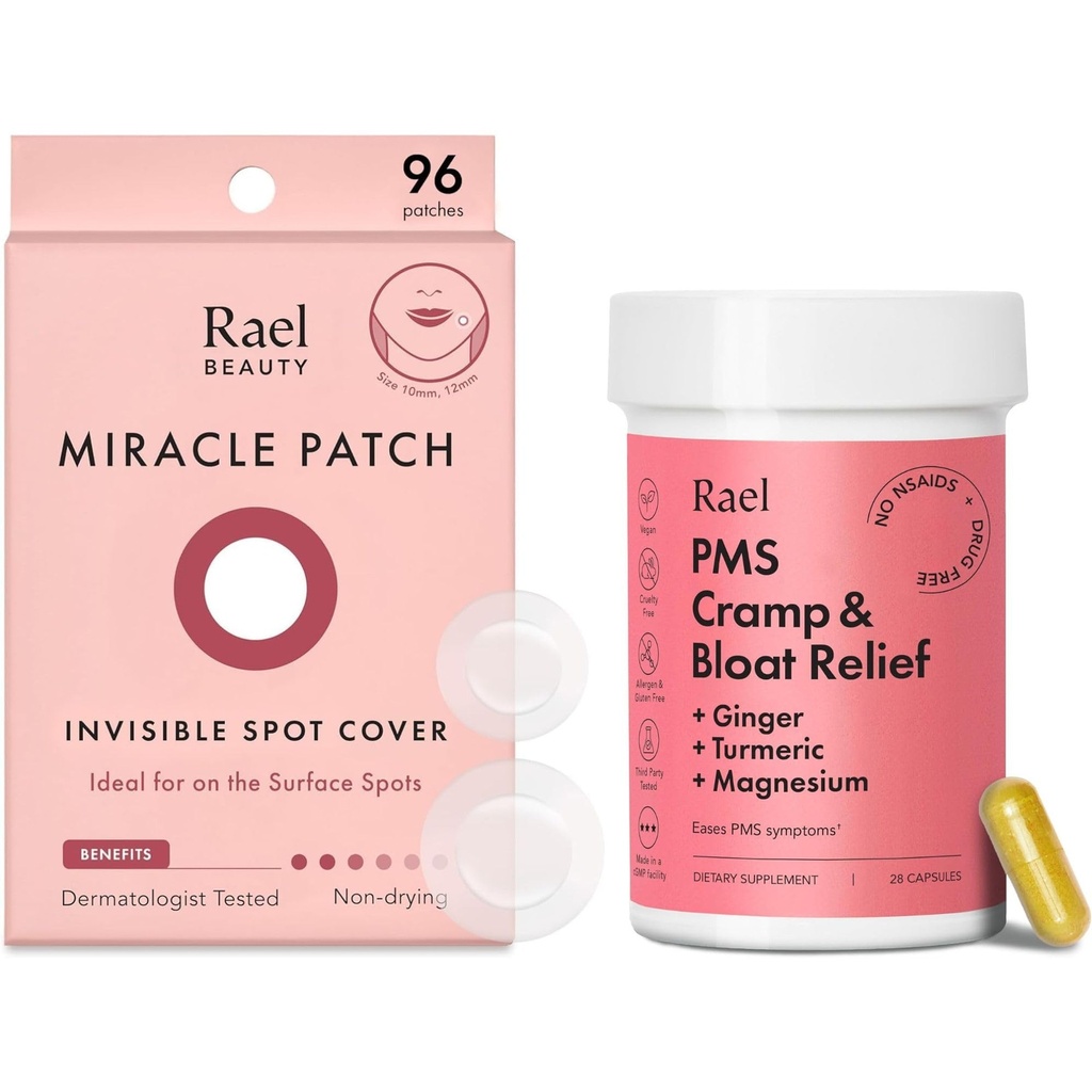 Rael Bundle - Petice invizibile de acoperire la fața locului (număr 96) și Suplimentul PMS pentru femei (28 capsule)