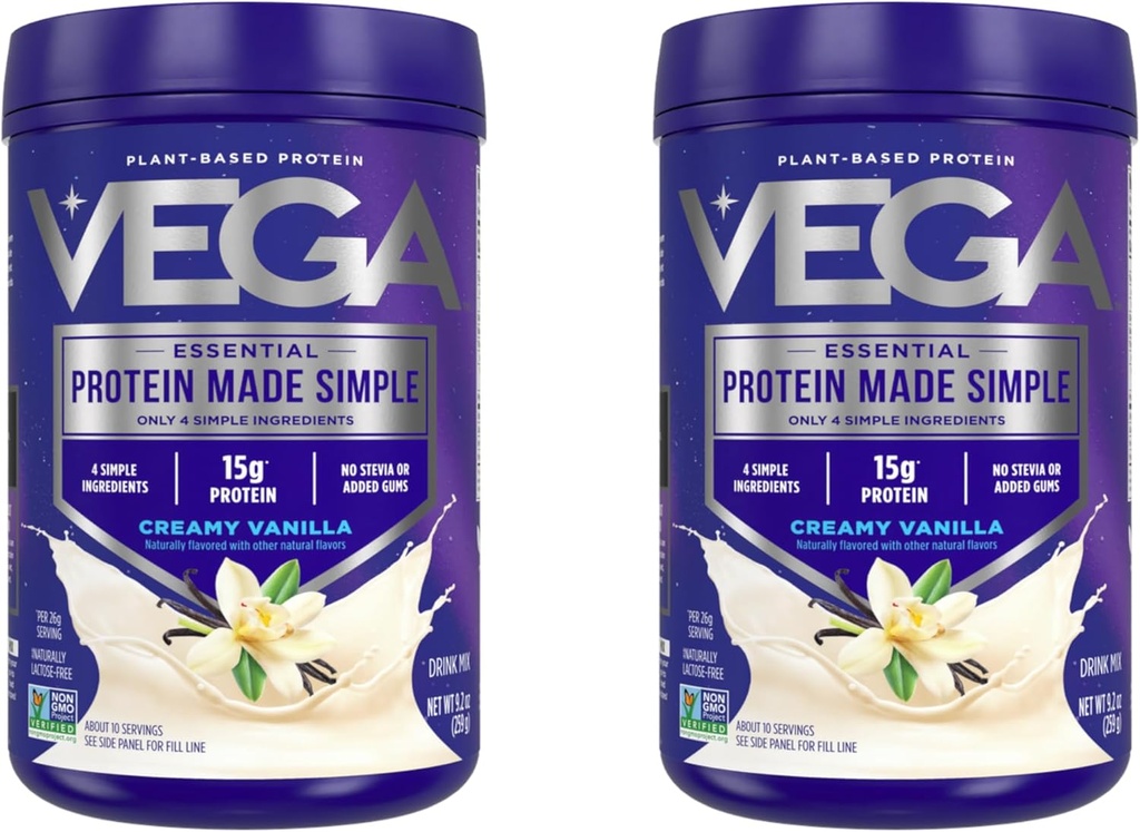 Vega proteine realizate praf de proteine simple, vanilie - Stevia gratuit, Vegan, pe bază de plante, sănătos, gluten gratuit, proteine de mazăre pentru femei și bărbați, 9.2 oz (Packing May Vary) (Pachet de 2)